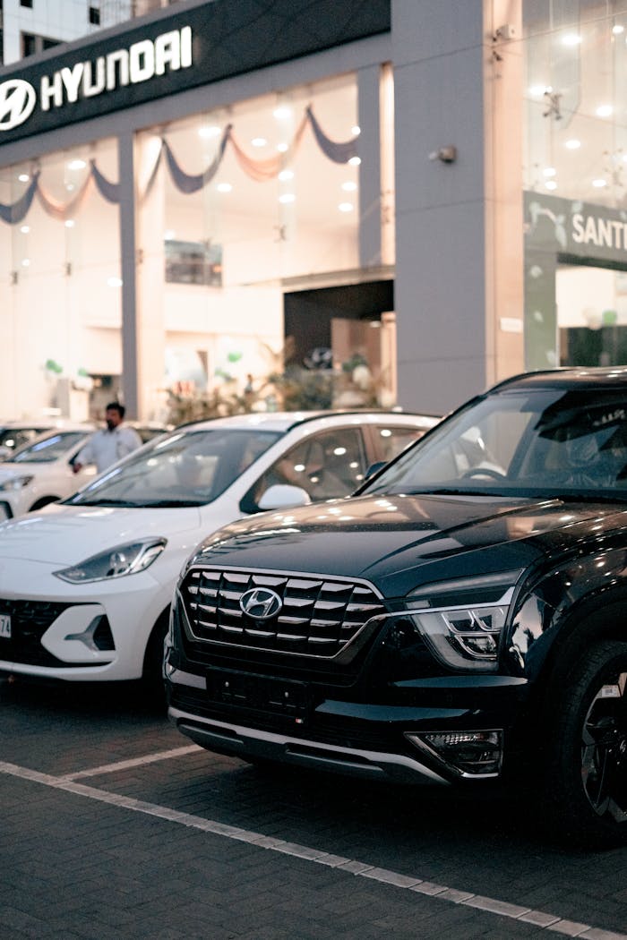 Mastering the First Impression: Your intriguing post title goes here New Hyundai SUVs parked outside a dealership in Kolhapur, India.