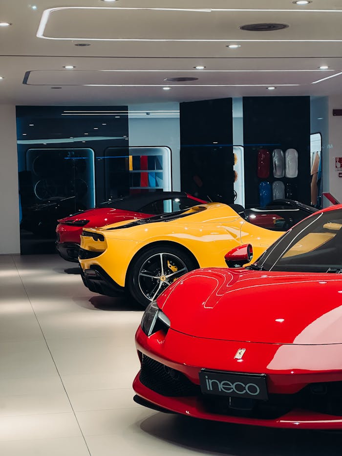 Services Showcase of sleek luxury sports cars in an elegant indoor showroom.
